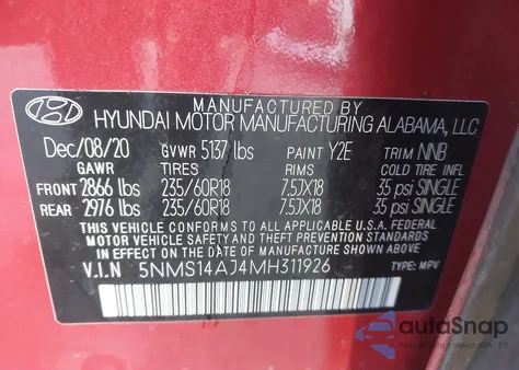 2021 Hyundai Santa Fe Se z USA, uszkodzony, nr VIN 5NMS14AJ4MH311926